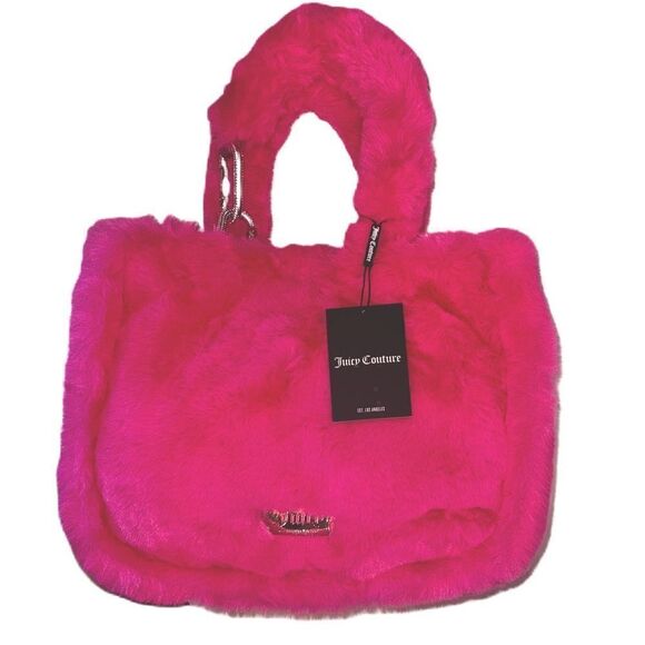 Juicy Couture Berry Fuchsia Faux Fur Tote Shopping Bag & Metallic Mini Pouch - Picture 4 of 15
